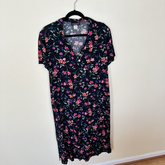 Vtg Womens Impressions Workshop Floral Shift Dress Black & Pink XL 1990s Rayon - Picture 1 of 9